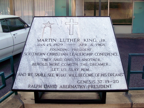 Plaque at the Lorraine Motel, including the reading, "Let us kill him and we shall see what becomes of his dreams."